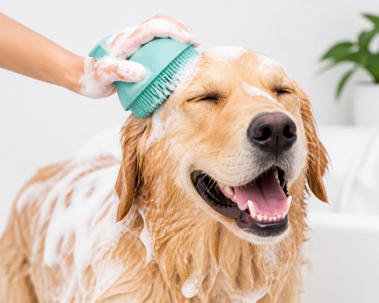 Golden retriever being washed with a PawDrip silicone massage brush